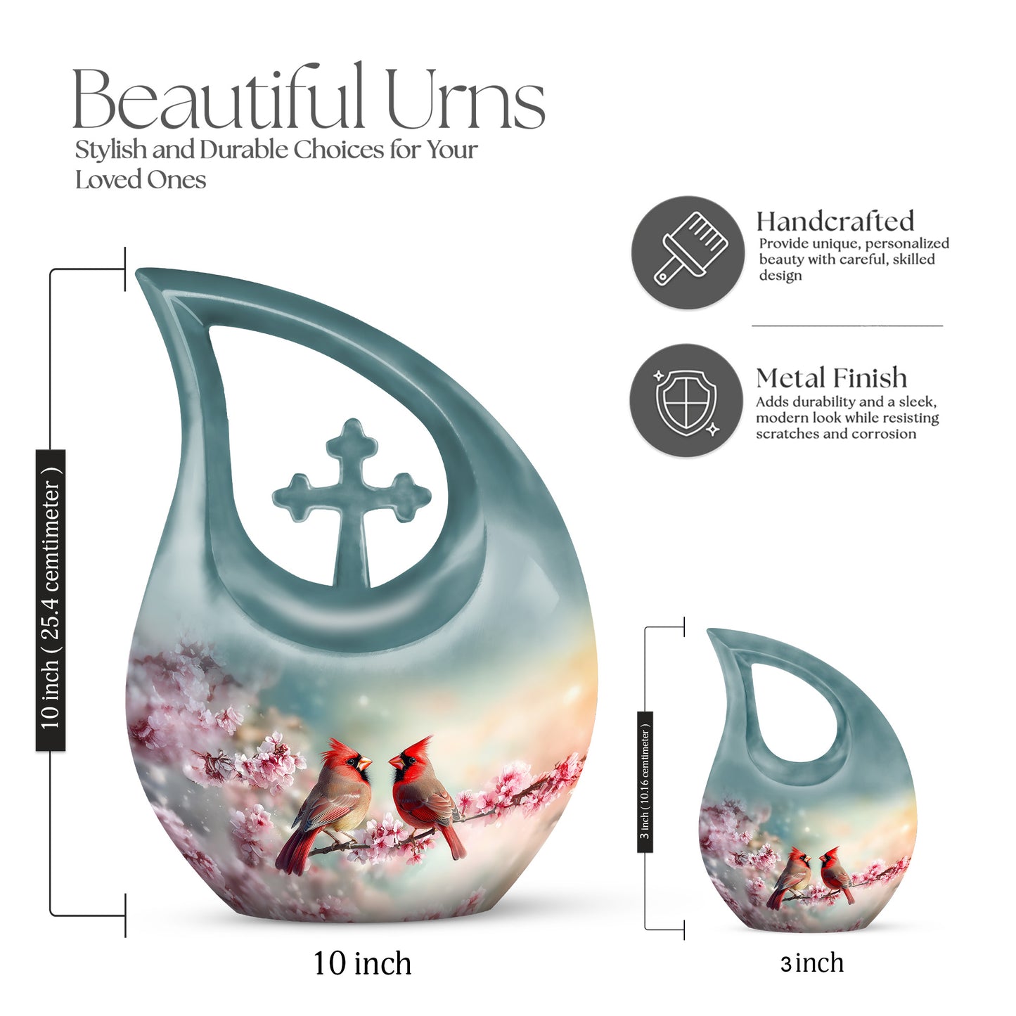 Ocean Teal Cardinal Cremation Urn back view with polished surface - sacred cross merged with cardinal motif on metal - mini keepsake memorial for portion of cremation ashes