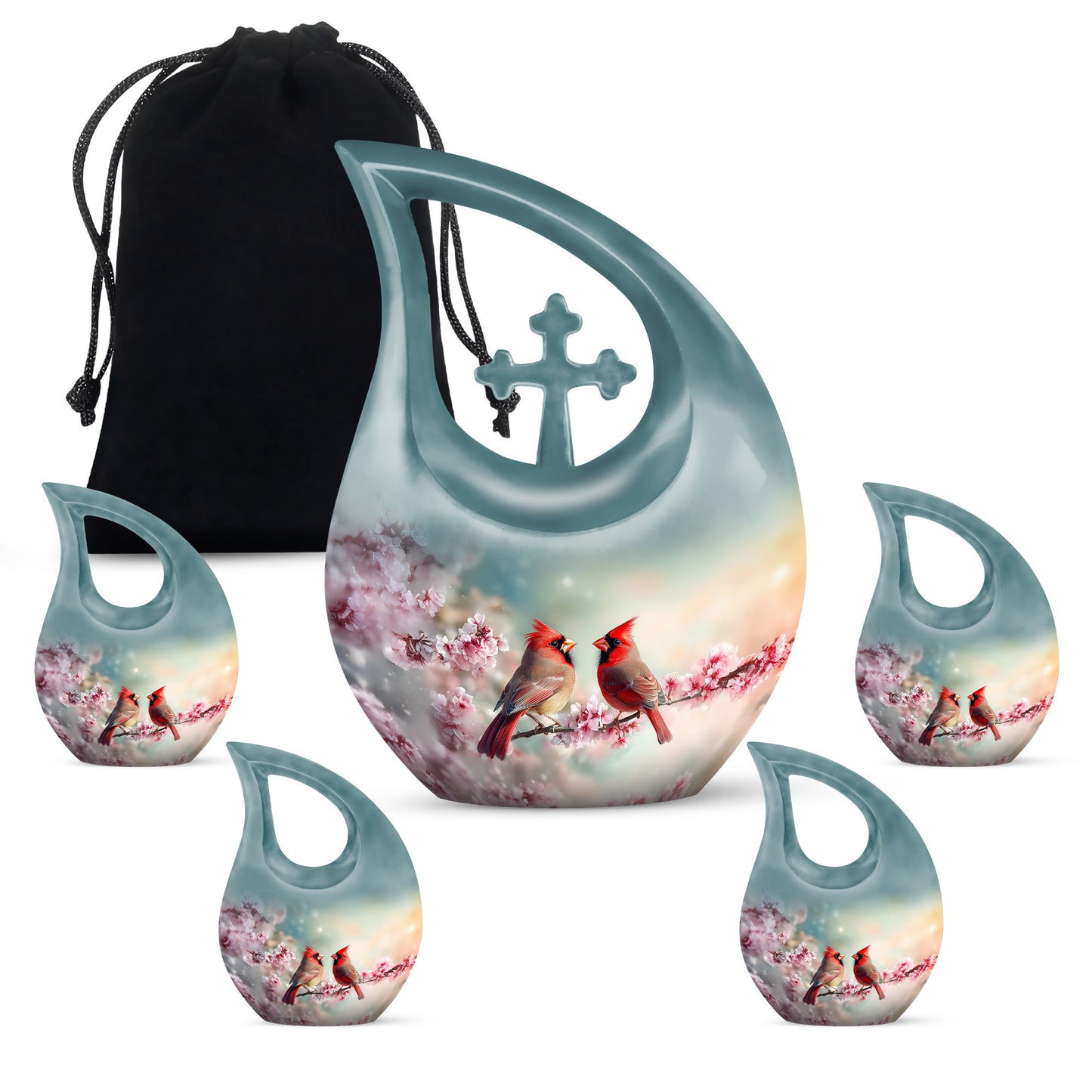 Deep Teal Cardinal Cremation Urn urn with complimentary velvet bag - faith-inspired cross-drop urn with cardinal pattern - memorial set with one large and four small urns