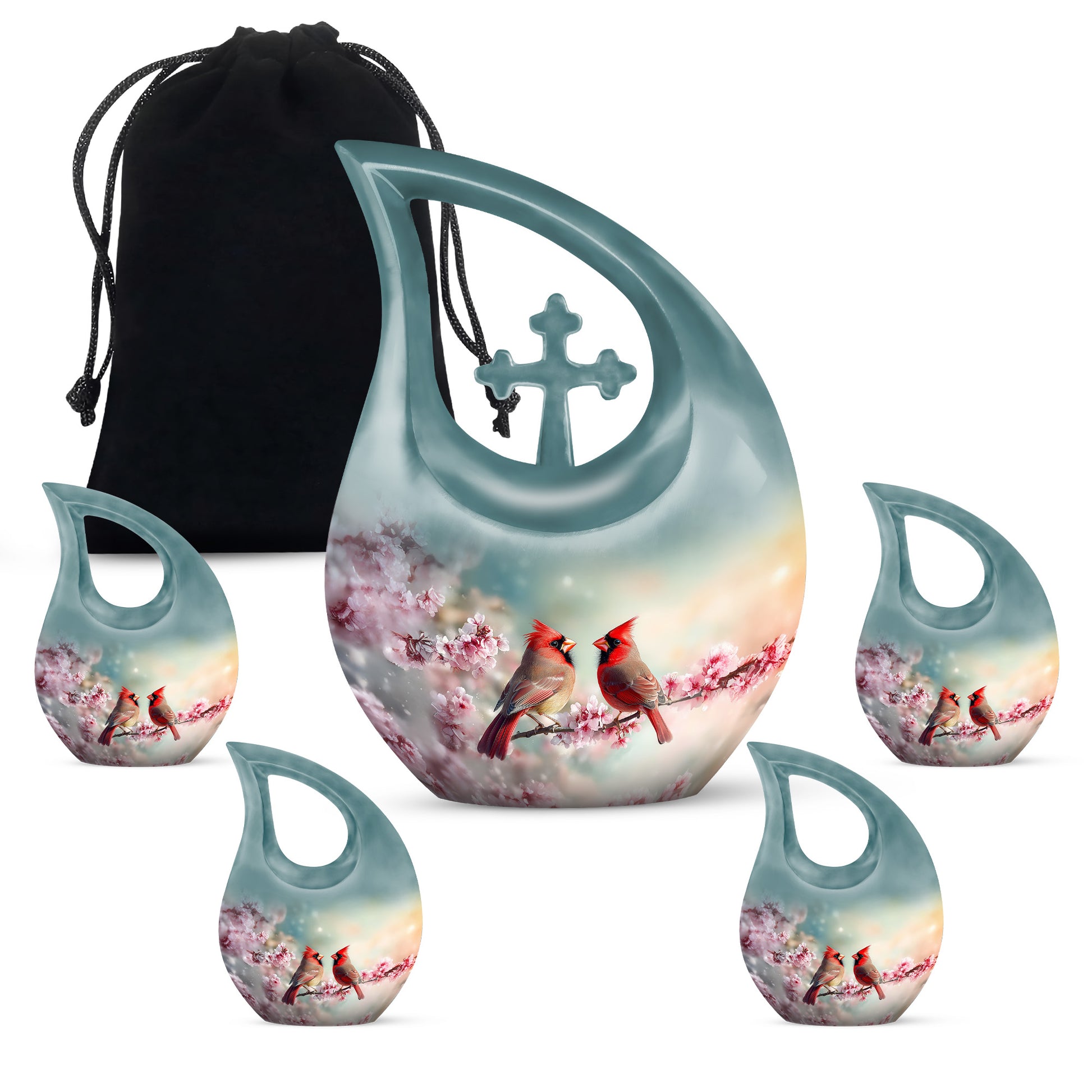 Deep Teal Cardinal Cremation Urn urn with complimentary velvet bag - faith-inspired cross-drop urn with cardinal pattern - memorial set with one large and four small urns