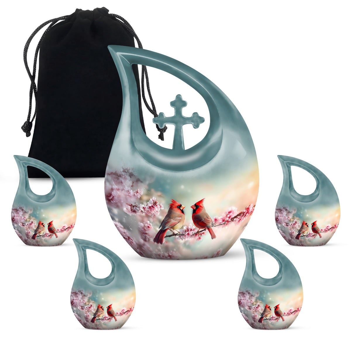Deep Teal Cardinal Cremation Urn urn with complimentary velvet bag - faith-inspired cross-drop urn with cardinal pattern - memorial set with one large and four small urns