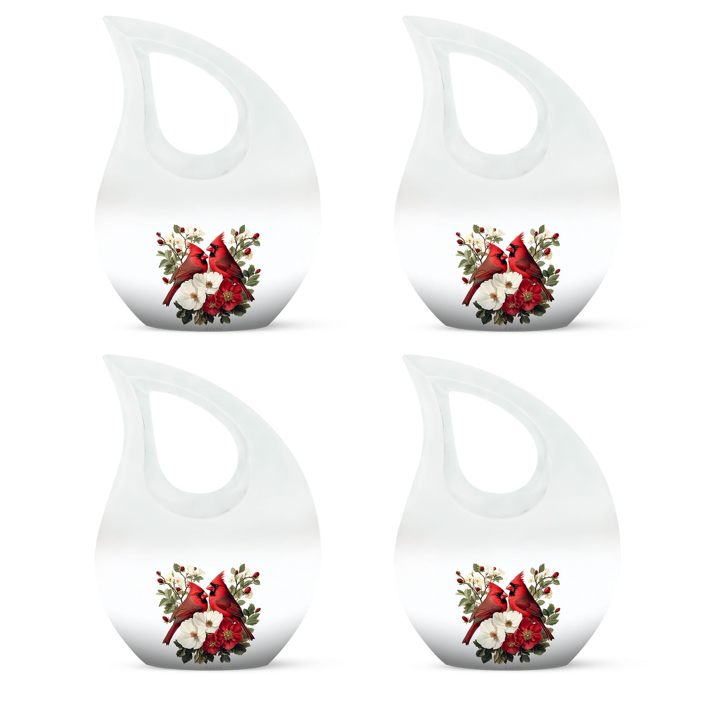 Brushed Silver Cardinal Cremation Urn lifestyle display on memorial shelf - sacred cross merged with cardinal motif on metal - 10 inch aluminum urn for cremated remains