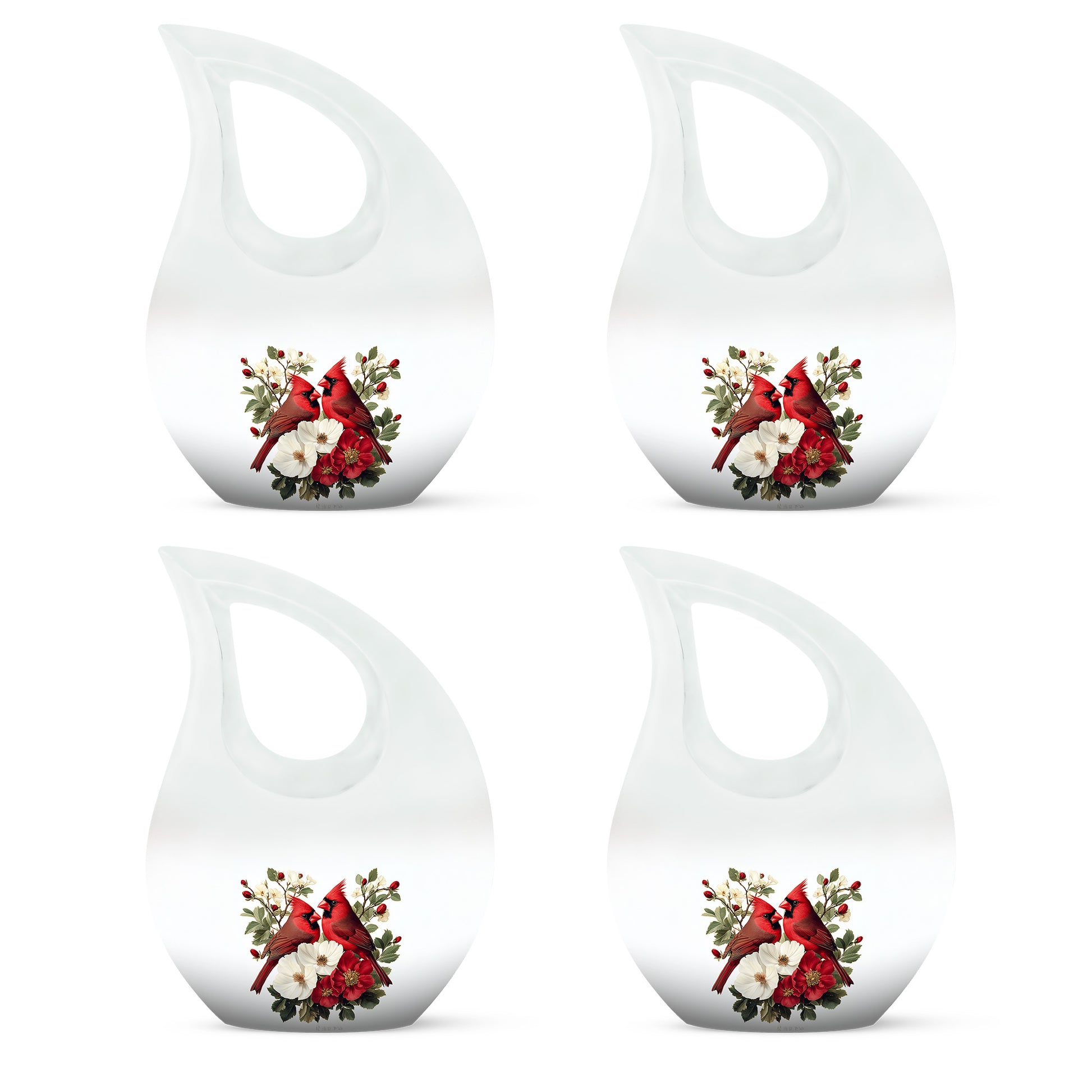 Brushed Silver Cardinal Cremation Urn lifestyle display on memorial shelf - sacred cross merged with cardinal motif on metal - 10 inch aluminum urn for cremated remains