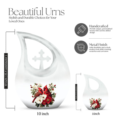 Moonlight Silver Cardinal Cremation Urn back view with polished surface - devotional cross-drop cardinal engraving - mini keepsake memorial for portion of cremation ashes