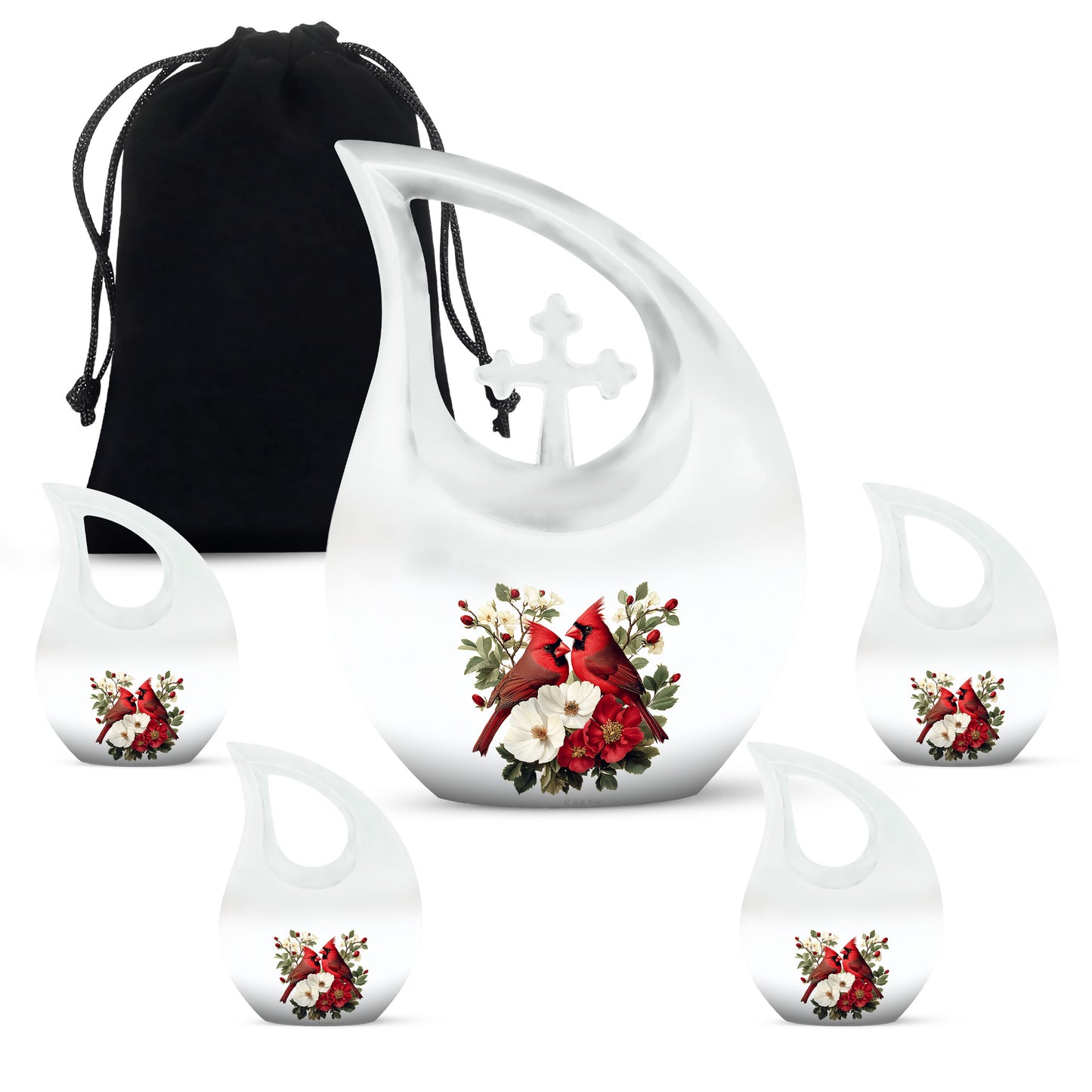 Sterling Silver Cardinal Cremation Urn urn with complimentary velvet bag - sacred cross merged with cardinal motif on metal - memorial set with one large and four small urns