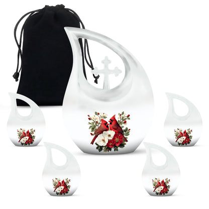 Sterling Silver Cardinal Cremation Urn urn with complimentary velvet bag - sacred cross merged with cardinal motif on metal - memorial set with one large and four small urns