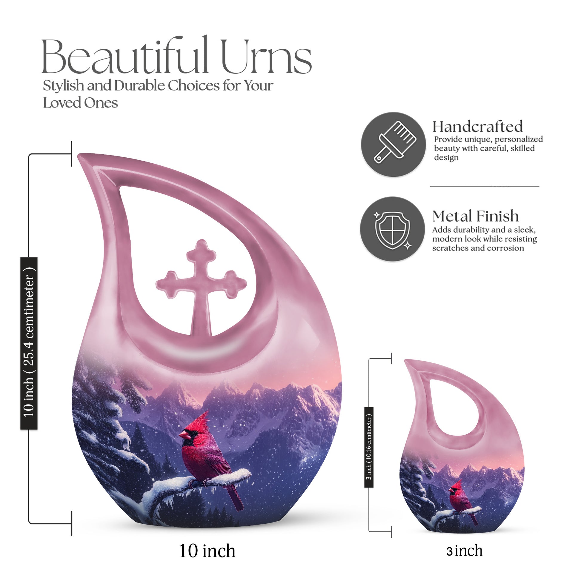 Salmon Pink Cardinal Cremation Urn back view with polished surface - devotional cross-drop cardinal engraving - mini keepsake memorial for portion of cremation ashes