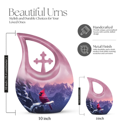 Salmon Pink Cardinal Cremation Urn back view with polished surface - devotional cross-drop cardinal engraving - mini keepsake memorial for portion of cremation ashes