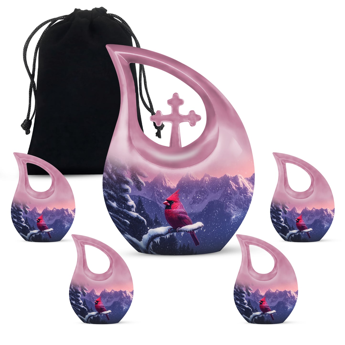 Pastel Pink Cardinal Cremation Urn urn with complimentary velvet bag - sacred cross merged with cardinal motif on metal - memorial set with one large and four small urns