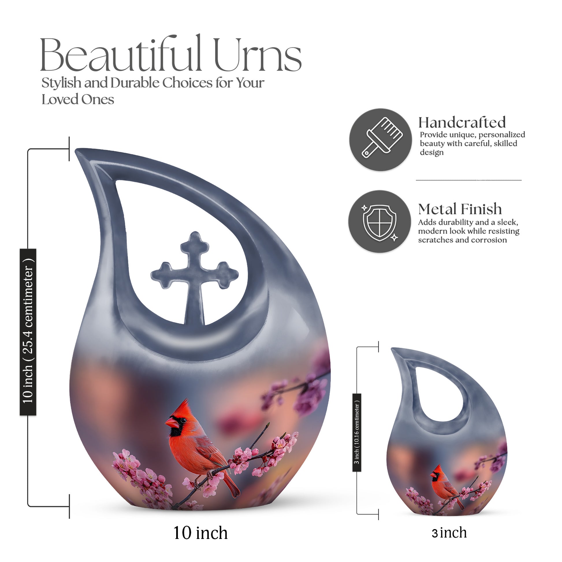 Dusty Pink Cardinal Cremation Urn back view with polished surface - devotional cross-drop cardinal engraving - mini keepsake memorial for portion of cremation ashes