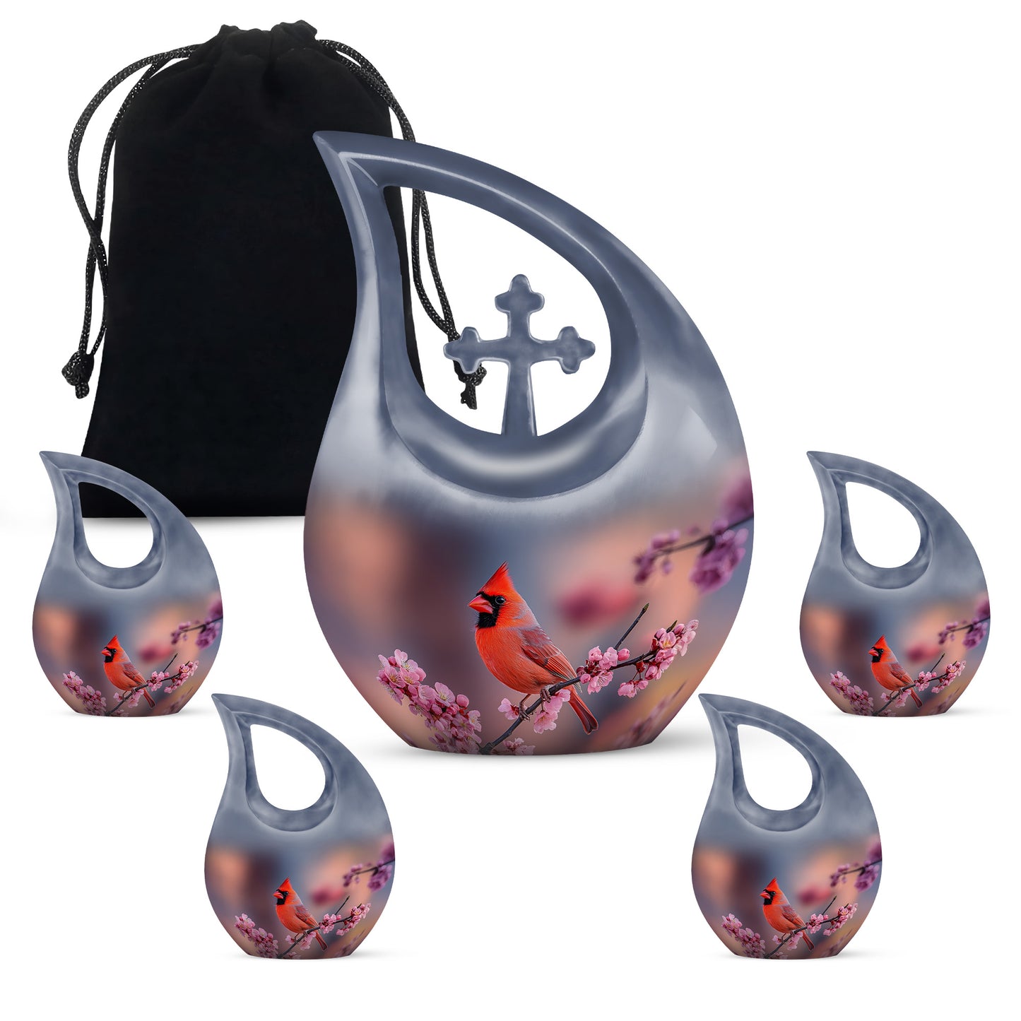 Coral Pink Cardinal Cremation Urn urn with complimentary velvet bag - sacred cross merged with cardinal motif on metal - memorial set with one large and four small urns