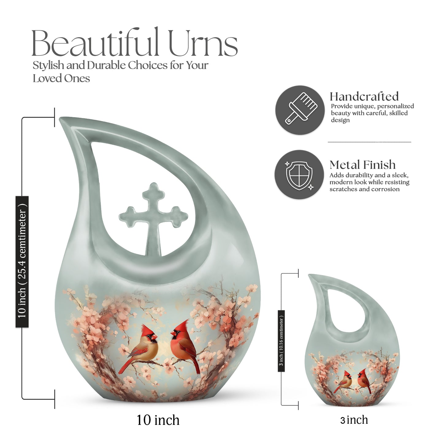 Smoke Gray Cardinal Cremation Urn back view with polished surface - devotional cross-drop cardinal engraving - mini keepsake memorial for portion of cremation ashes