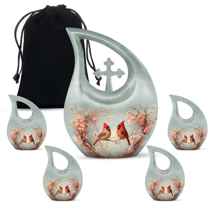 Storm Gray Cardinal Cremation Urn urn with complimentary velvet bag - faith-inspired cross-drop urn with cardinal pattern - memorial set with one large and four small urns