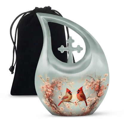 Silver Gray Cardinal Cremation Urn top-down view of secure threaded lid - sacred cross merged with cardinal motif on metal - full-size 10 inch 200 cubic inch adult cremation urn