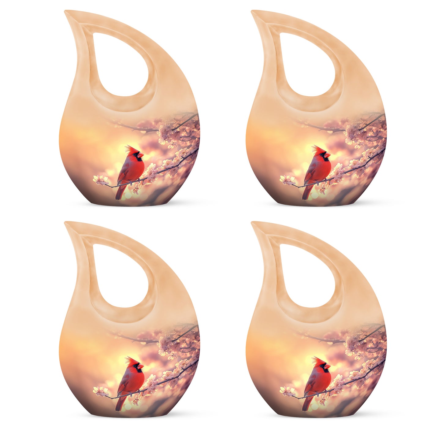 Sunrise Gold Cardinal Cremation Urn lifestyle display on memorial shelf - cross and cardinal combined in spiritual memorial design - 10 inch aluminum urn for cremated remains