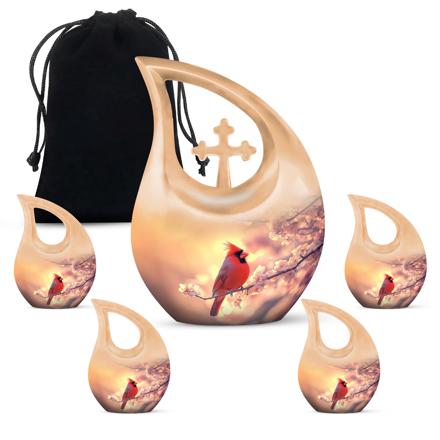 Royal Gold Cardinal Cremation Urn urn with complimentary velvet bag - faith-inspired cross-drop urn with cardinal pattern - memorial set with one large and four small urns