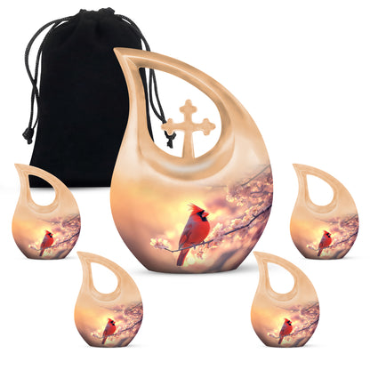 Royal Gold Cardinal Cremation Urn urn with complimentary velvet bag - faith-inspired cross-drop urn with cardinal pattern - memorial set with one large and four small urns