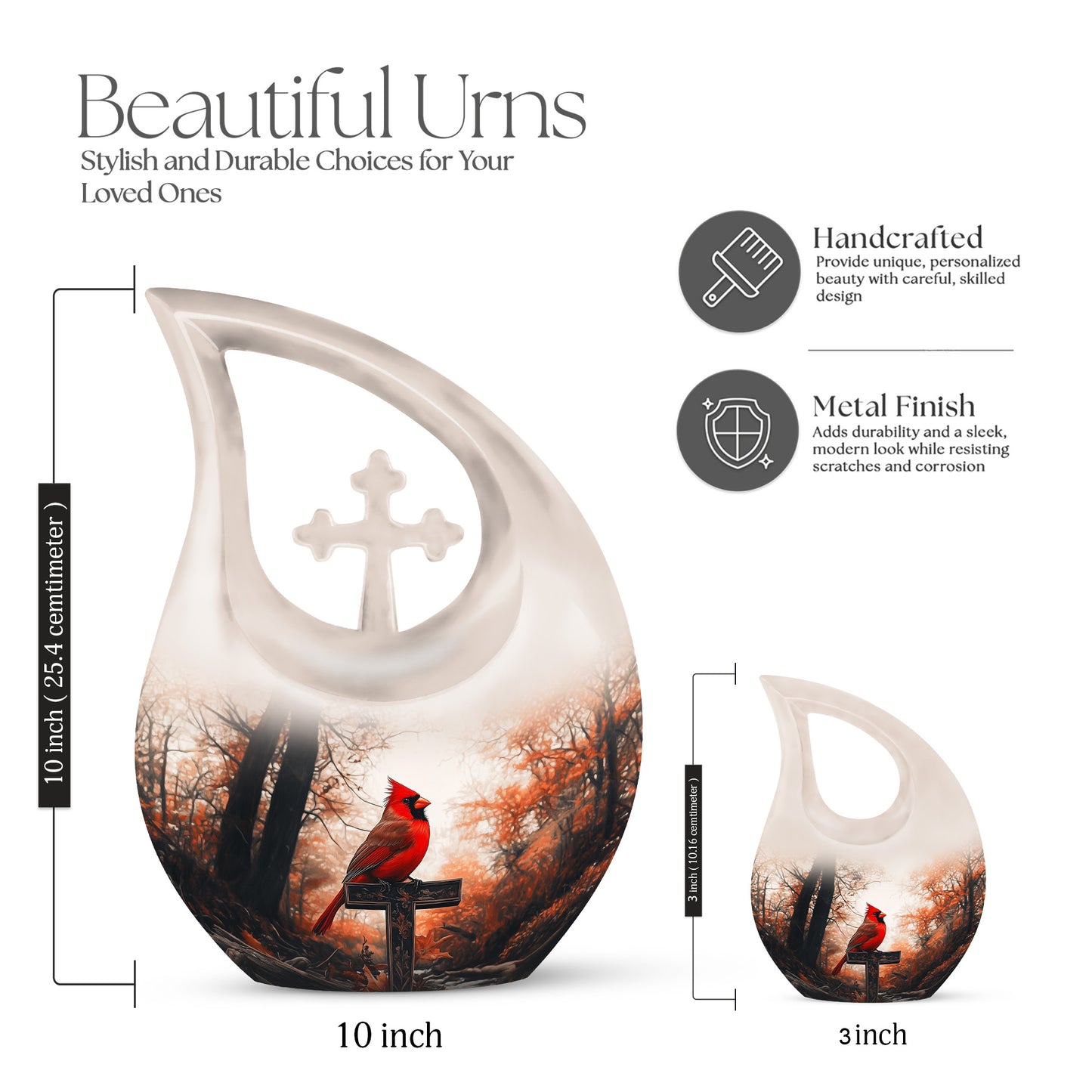 Royal Gold Cardinal Cremation Urn back view with polished surface - faith-inspired cross-drop urn with cardinal pattern - mini keepsake memorial for portion of cremation ashes