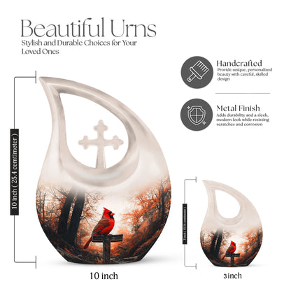 Royal Gold Cardinal Cremation Urn back view with polished surface - faith-inspired cross-drop urn with cardinal pattern - mini keepsake memorial for portion of cremation ashes