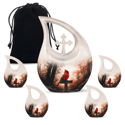 Harvest Gold Cardinal Cremation Urn urn with complimentary velvet bag - faith-inspired cross-drop urn with cardinal pattern - memorial set with one large and four small urns