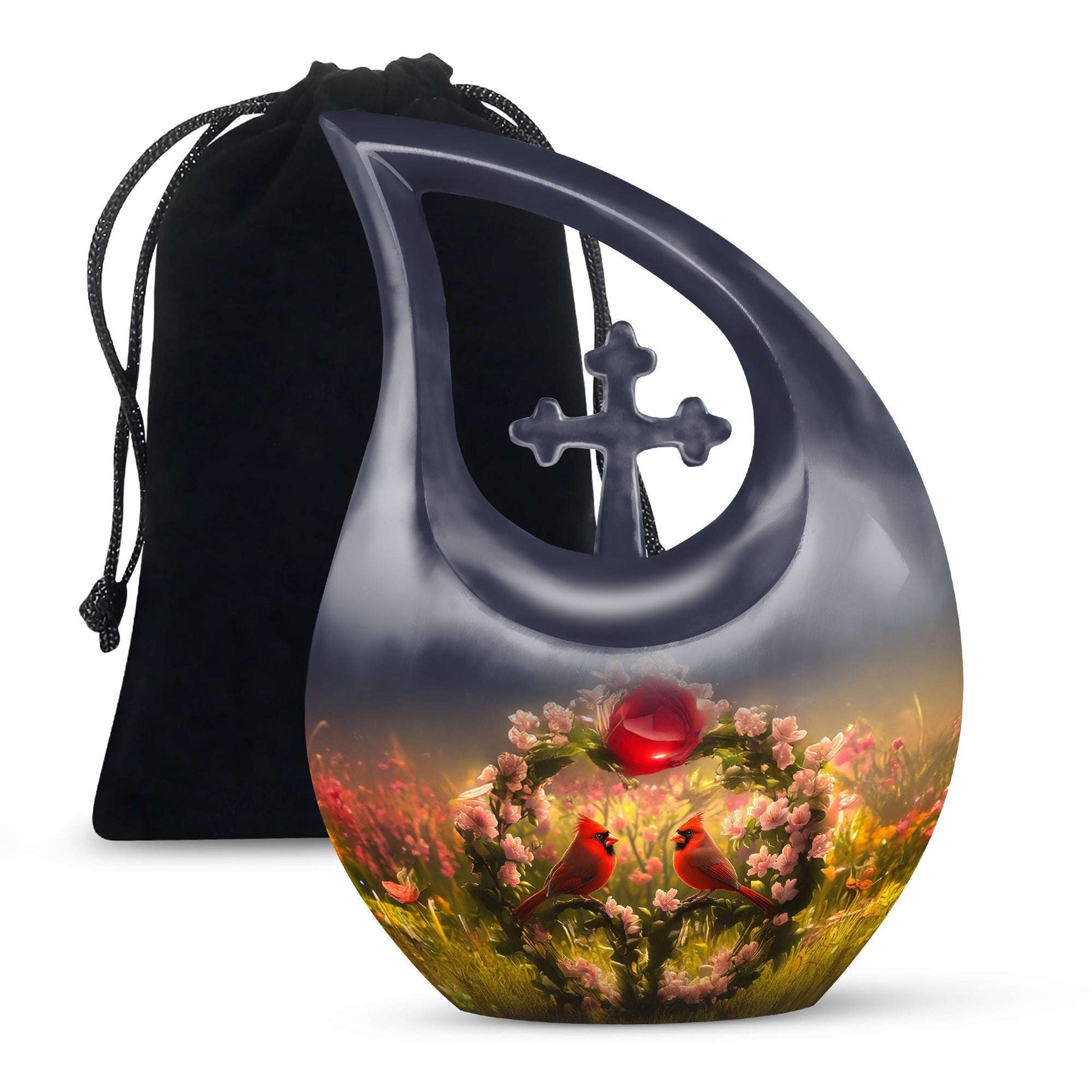 Red Cardinal Bird Urn For Cremation – Floral Memorial Urn for Human Ashes