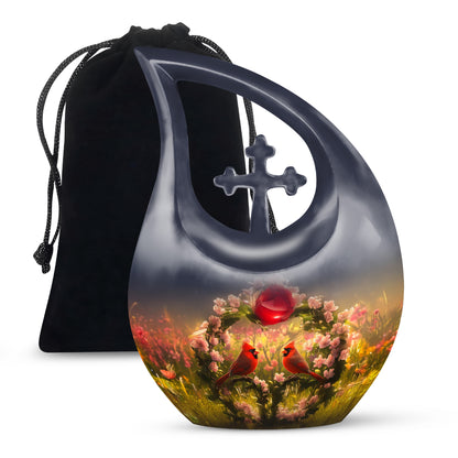 Azure Cardinal Cremation Urn top-down view of secure threaded lid - sacred cross merged with cardinal motif on metal - full-size 10 inch 200 cubic inch adult cremation urn
