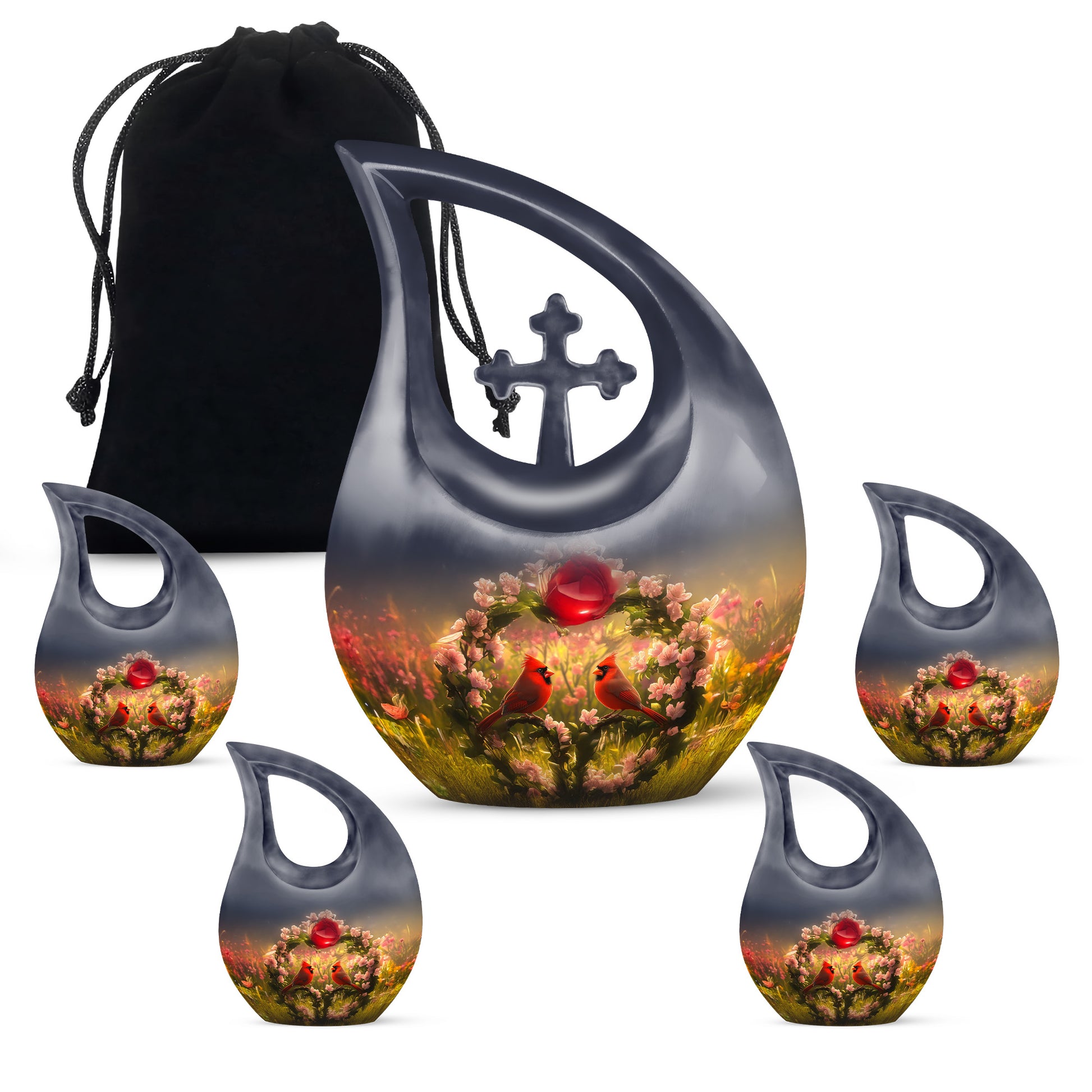 Cobalt Blue Cardinal Cremation Urn urn with complimentary velvet bag - faith-inspired cross-drop urn with cardinal pattern - memorial set with one large and four small urns