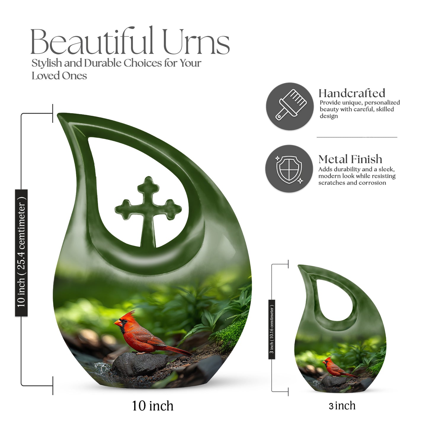 Sage Green Cardinal Cremation Urn back view with polished surface - sacred cross merged with cardinal motif on metal - mini keepsake memorial for portion of cremation ashes