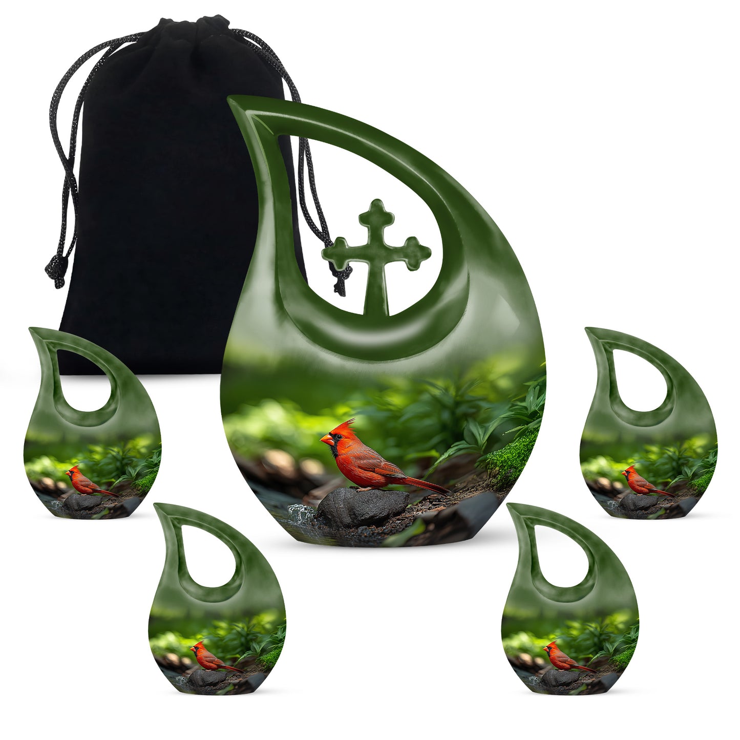 Olive Green Cardinal Cremation Urn urn with complimentary velvet bag - faith-inspired cross-drop urn with cardinal pattern - memorial set with one large and four small urns