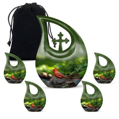 Olive Green Cardinal Cremation Urn urn with complimentary velvet bag - faith-inspired cross-drop urn with cardinal pattern - memorial set with one large and four small urns