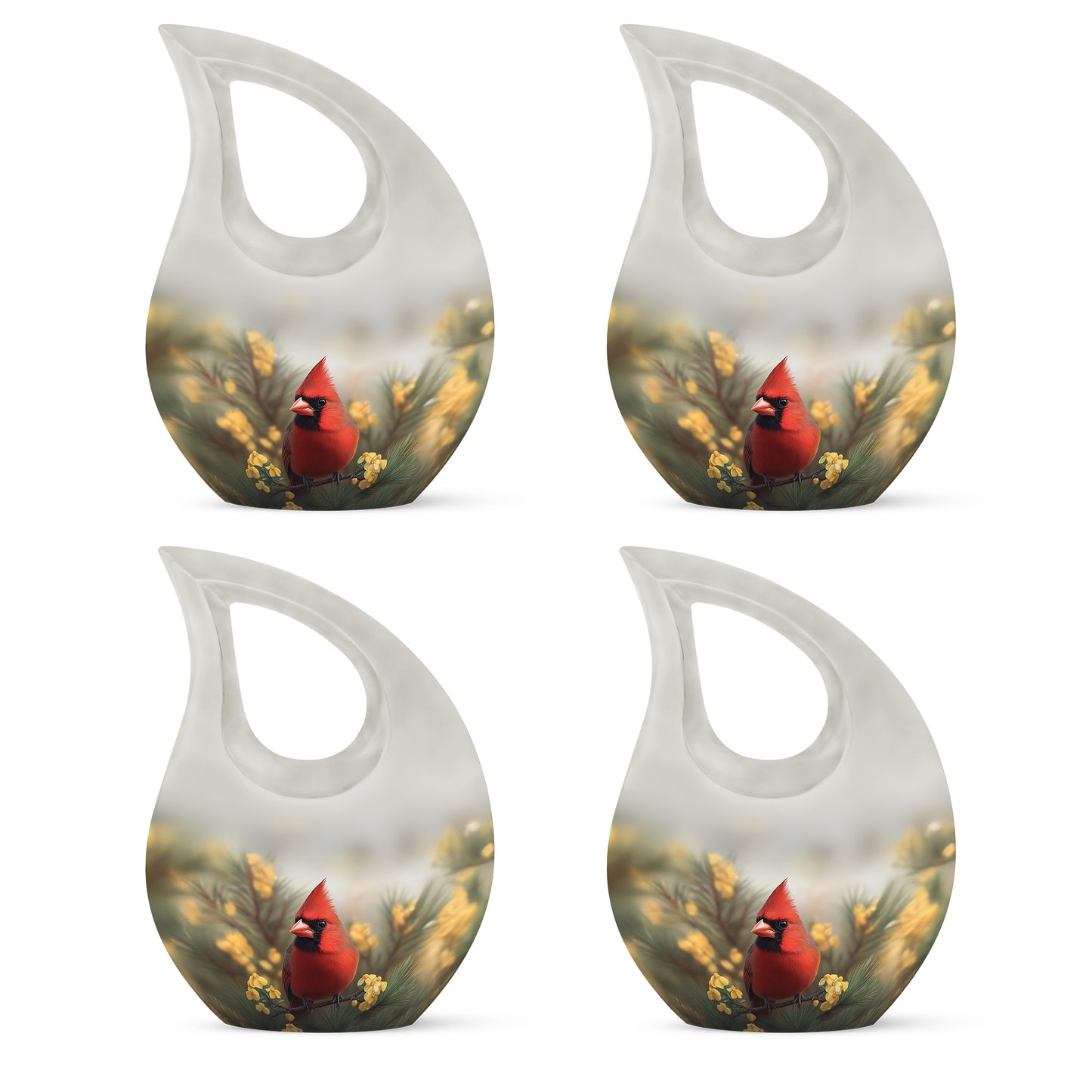 Steel Gray Cardinal Cremation Urn lifestyle display on memorial shelf - faith-inspired cross-drop urn with cardinal pattern - 10 inch aluminum urn for cremated remains