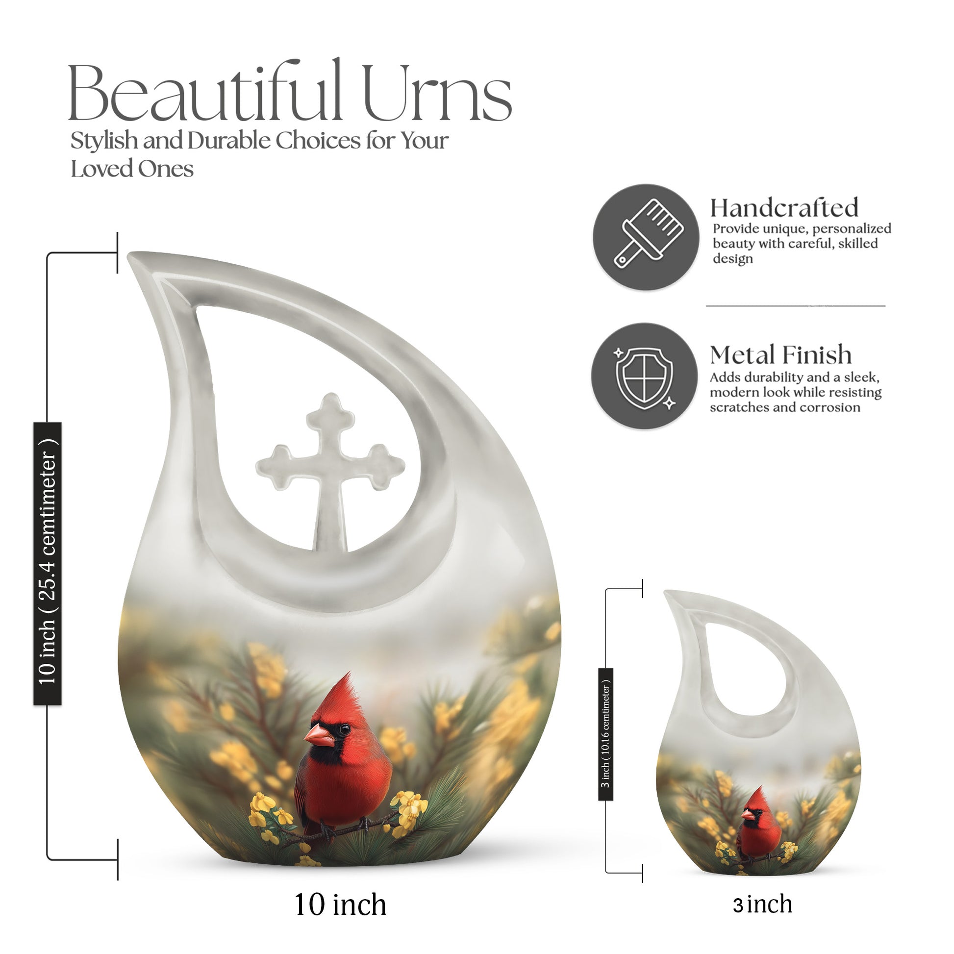 Smoke Gray Cardinal Cremation Urn back view with polished surface - devotional cross-drop cardinal engraving - mini keepsake memorial for portion of cremation ashes