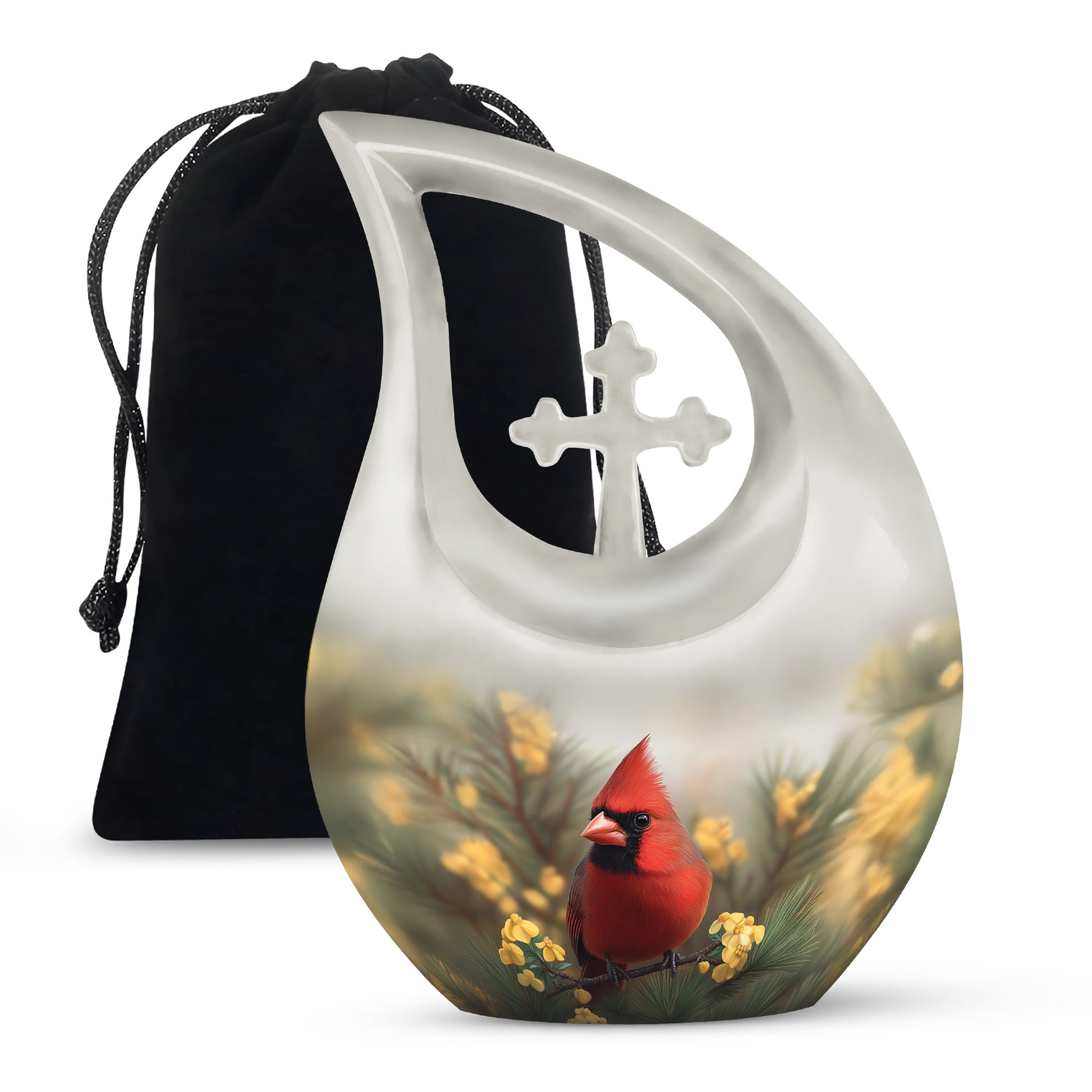 Mist Gray Cardinal Cremation Urn top-down view of secure threaded lid - sacred cross merged with cardinal motif on metal - full-size 10 inch 200 cubic inch adult cremation urn