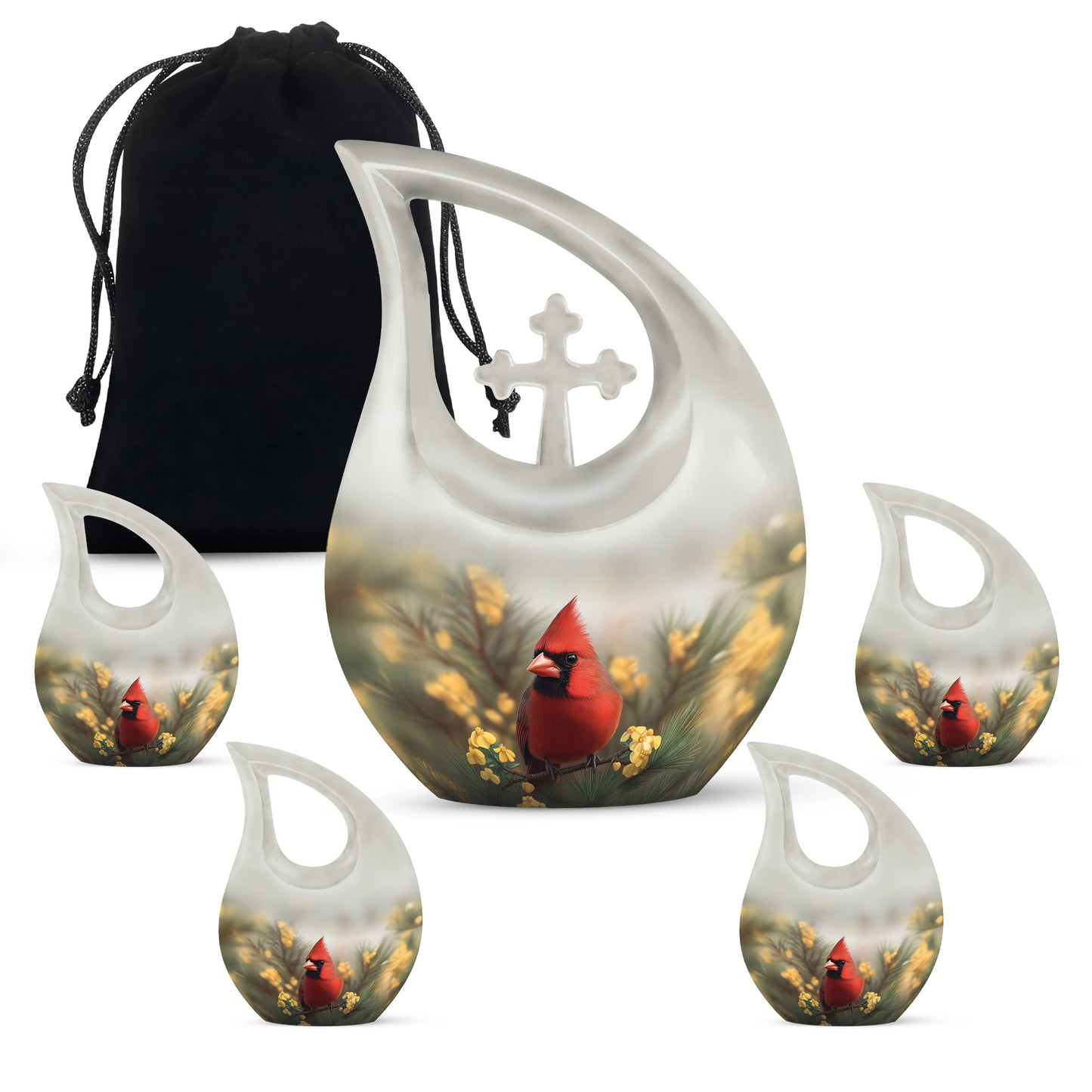 Slate Gray Cardinal Cremation Urn urn with complimentary velvet bag - devotional cross-drop cardinal engraving - memorial set with one large and four small urns