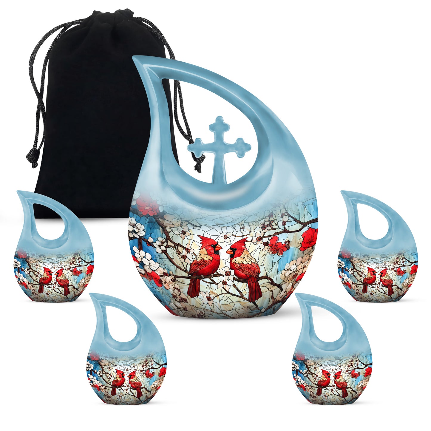 Sunrise Gold Cardinal Cremation Urn urn with complimentary velvet bag - cross and cardinal combined in spiritual memorial design - memorial set with one large and four small urns