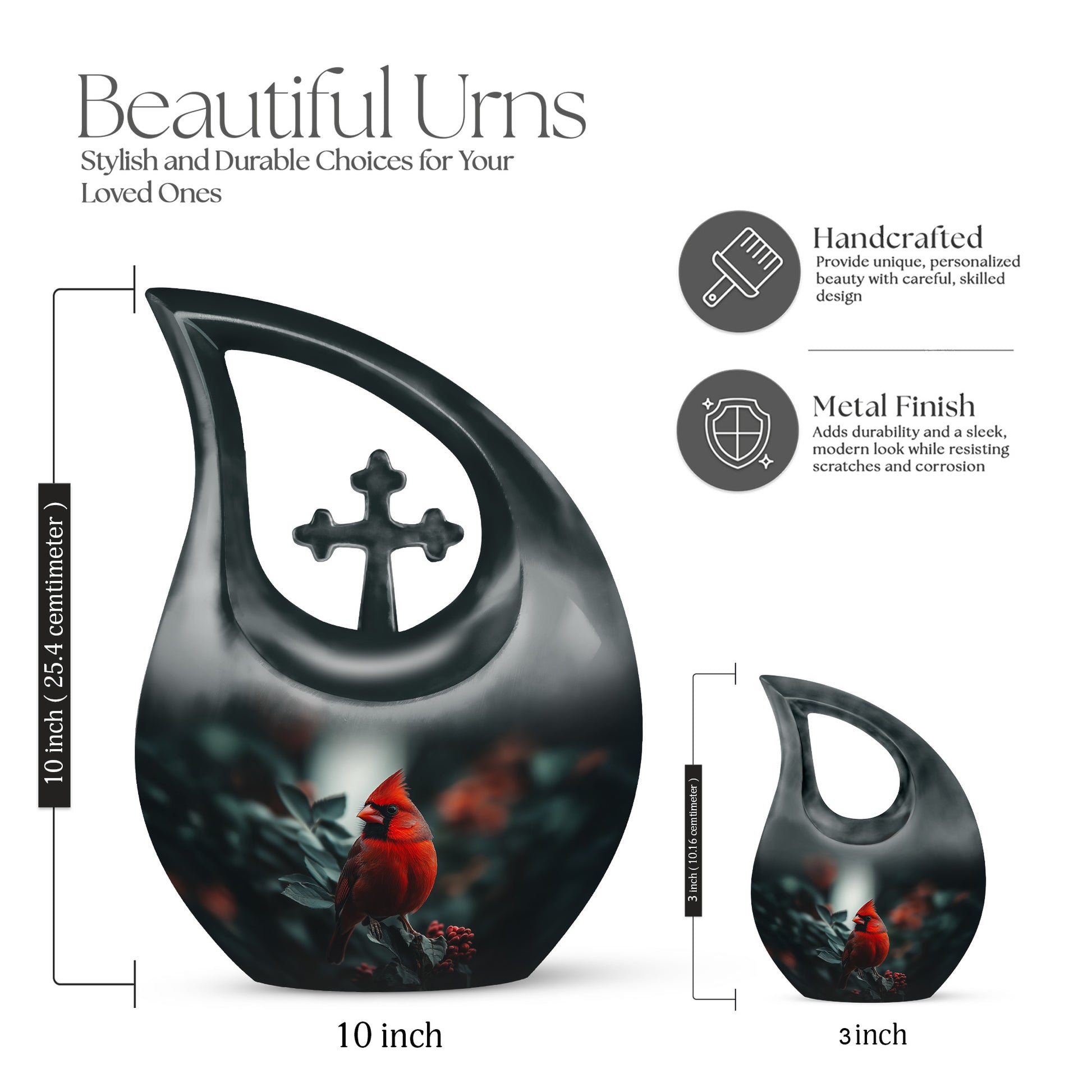 Glossy Black Cardinal Cremation Urn back view with polished surface - sacred cross merged with cardinal motif on metal - mini keepsake memorial for portion of cremation ashes