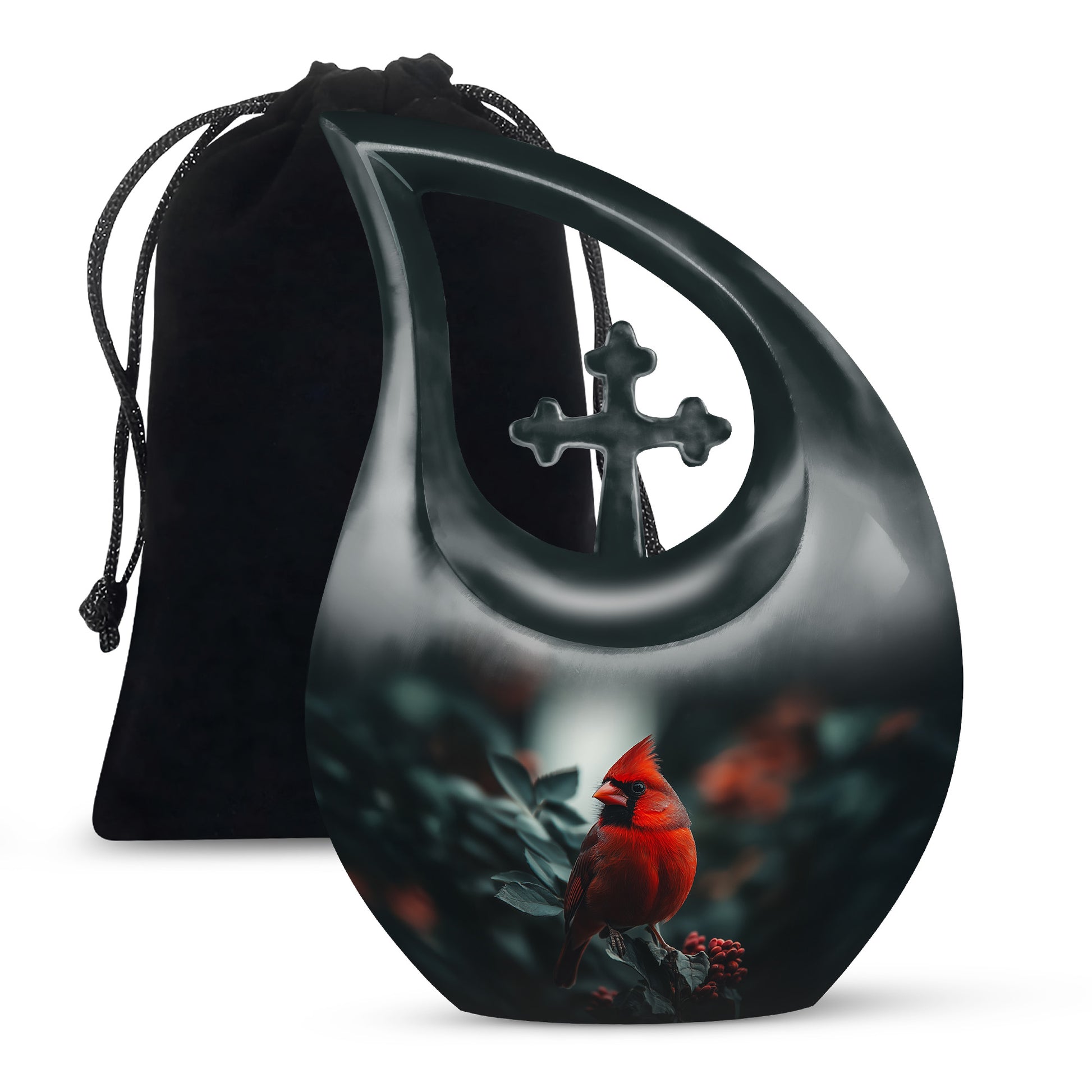Charcoal Black Cardinal Cremation Urn top-down view of secure threaded lid - devotional cross-drop cardinal engraving - full-size 10 inch 200 cubic inch adult cremation urn