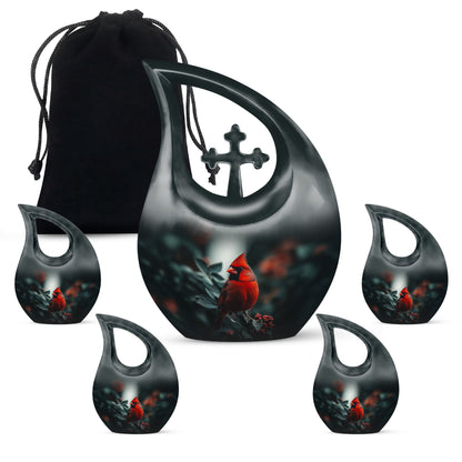 Deep Black Cardinal Cremation Urn urn with complimentary velvet bag - sacred cross merged with cardinal motif on metal - memorial set with one large and four small urns