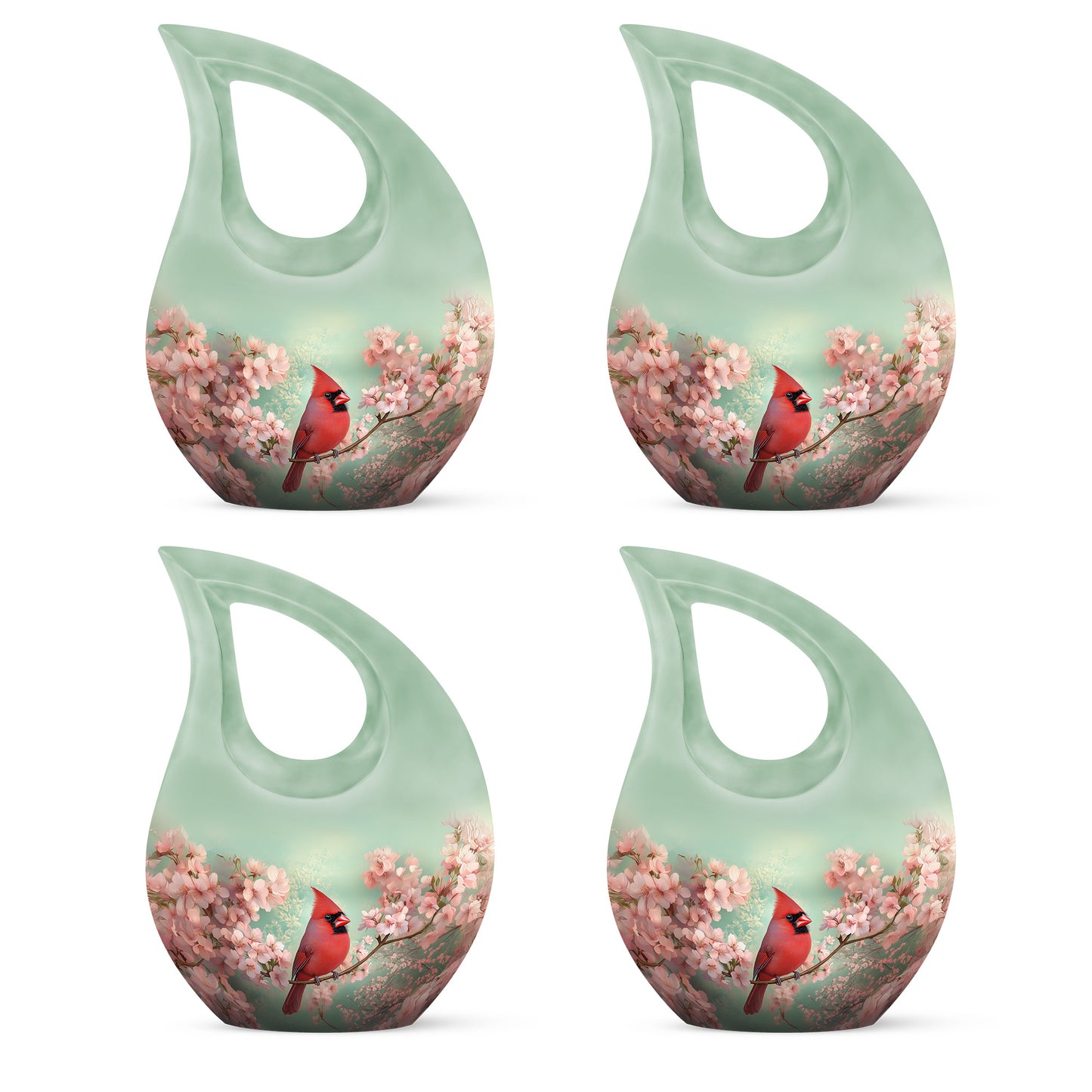 Mint Green Cardinal Cremation Urn lifestyle display on memorial shelf - devotional cross-drop cardinal engraving - 10 inch aluminum urn for cremated remains