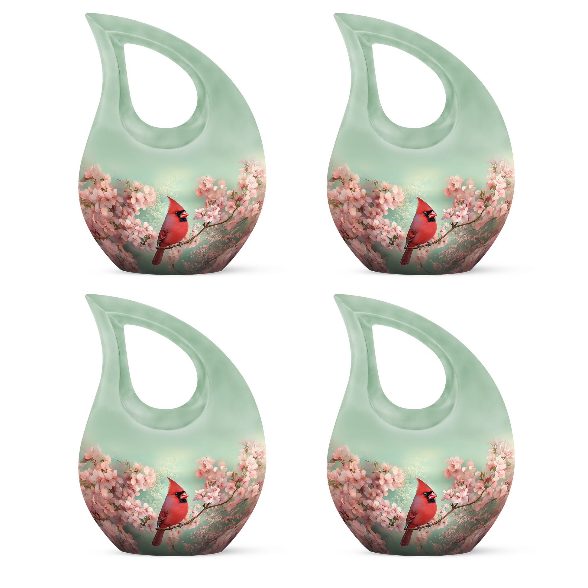 Mint Green Cardinal Cremation Urn lifestyle display on memorial shelf - devotional cross-drop cardinal engraving - 10 inch aluminum urn for cremated remains