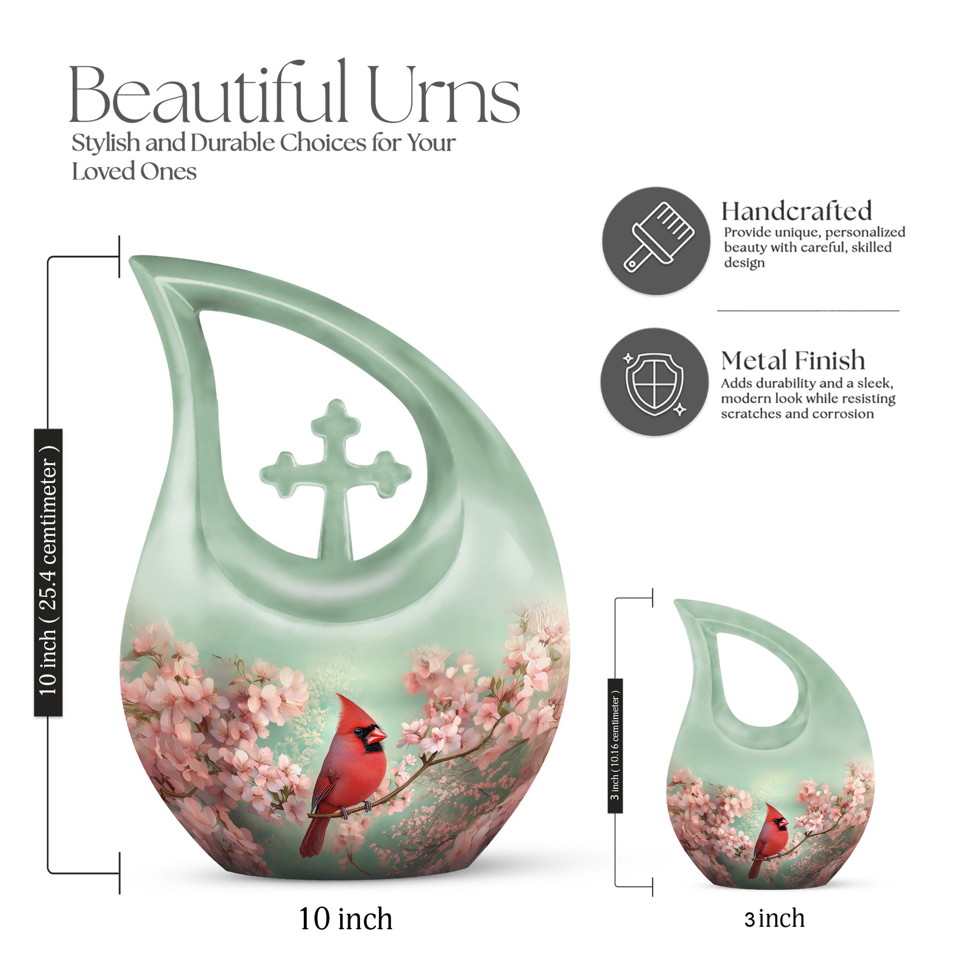 Olive Green Cardinal Cremation Urn back view with polished surface - devotional cross-drop cardinal engraving - mini keepsake memorial for portion of cremation ashes