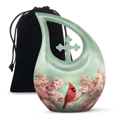Sage Green Cardinal Cremation Urn top-down view of secure threaded lid - sacred cross merged with cardinal motif on metal - full-size 10 inch 200 cubic inch adult cremation urn