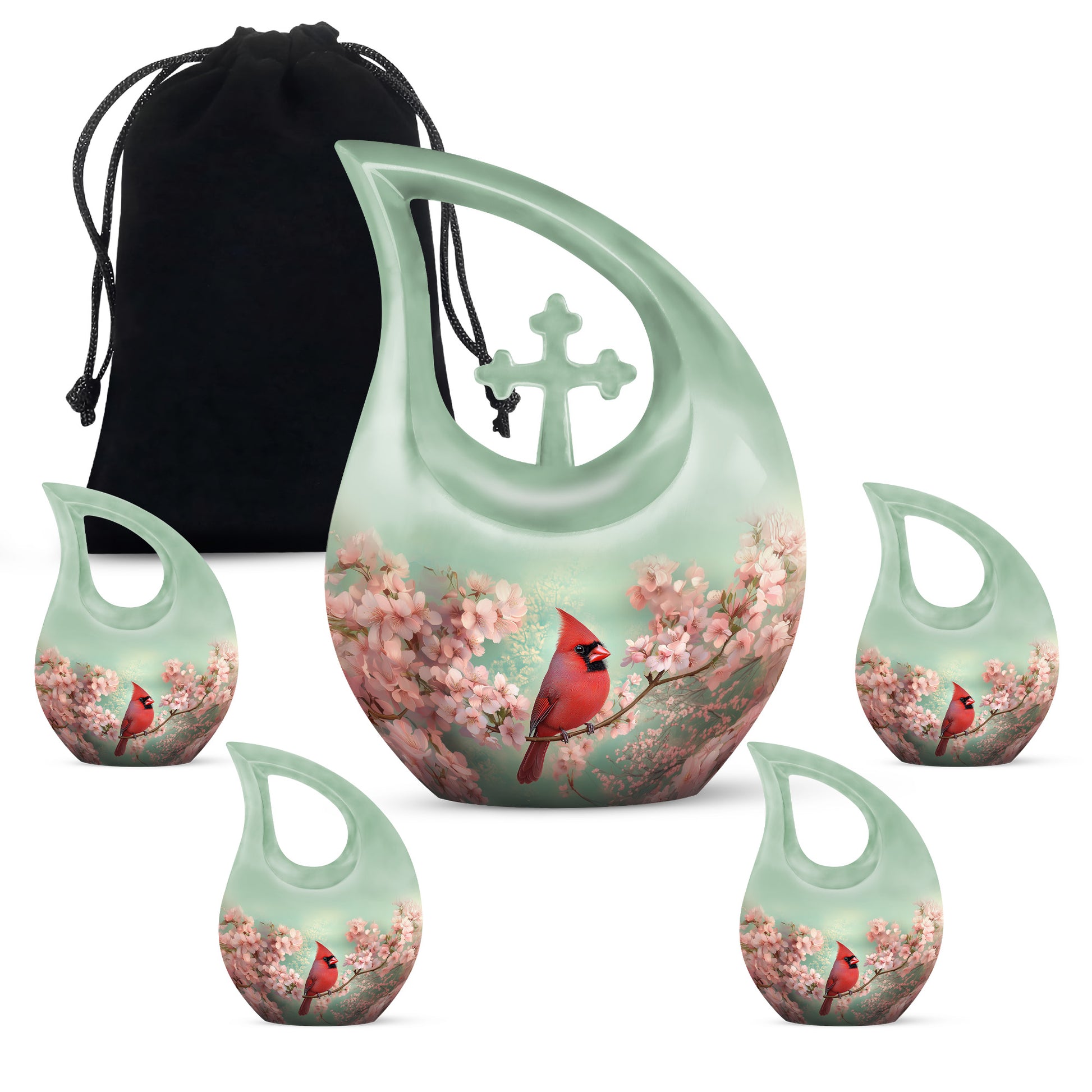 Pine Green Cardinal Cremation Urn urn with complimentary velvet bag - faith-inspired cross-drop urn with cardinal pattern - memorial set with one large and four small urns