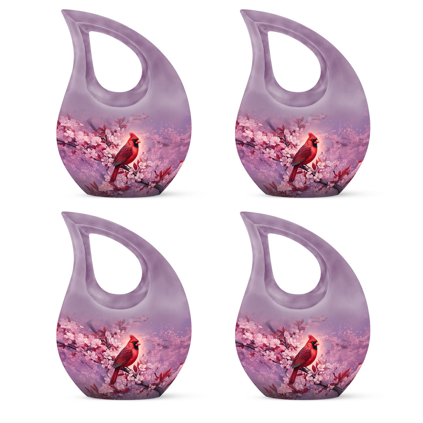 Dusty Pink Cardinal Cremation Urn lifestyle display on memorial shelf - faith-inspired cross-drop urn with cardinal pattern - 10 inch aluminum urn for cremated remains