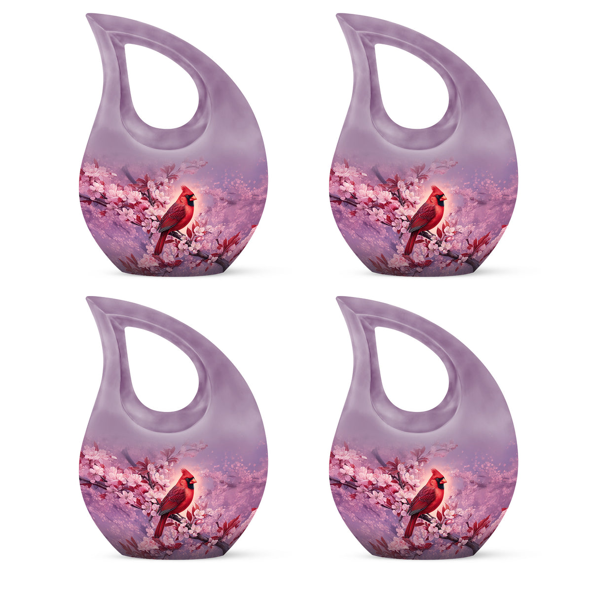 Dusty Pink Cardinal Cremation Urn lifestyle display on memorial shelf - faith-inspired cross-drop urn with cardinal pattern - 10 inch aluminum urn for cremated remains