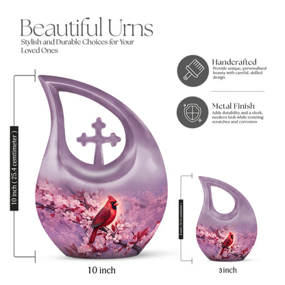 Coral Pink Cardinal Cremation Urn back view with polished surface - sacred cross merged with cardinal motif on metal - mini keepsake memorial for portion of cremation ashes