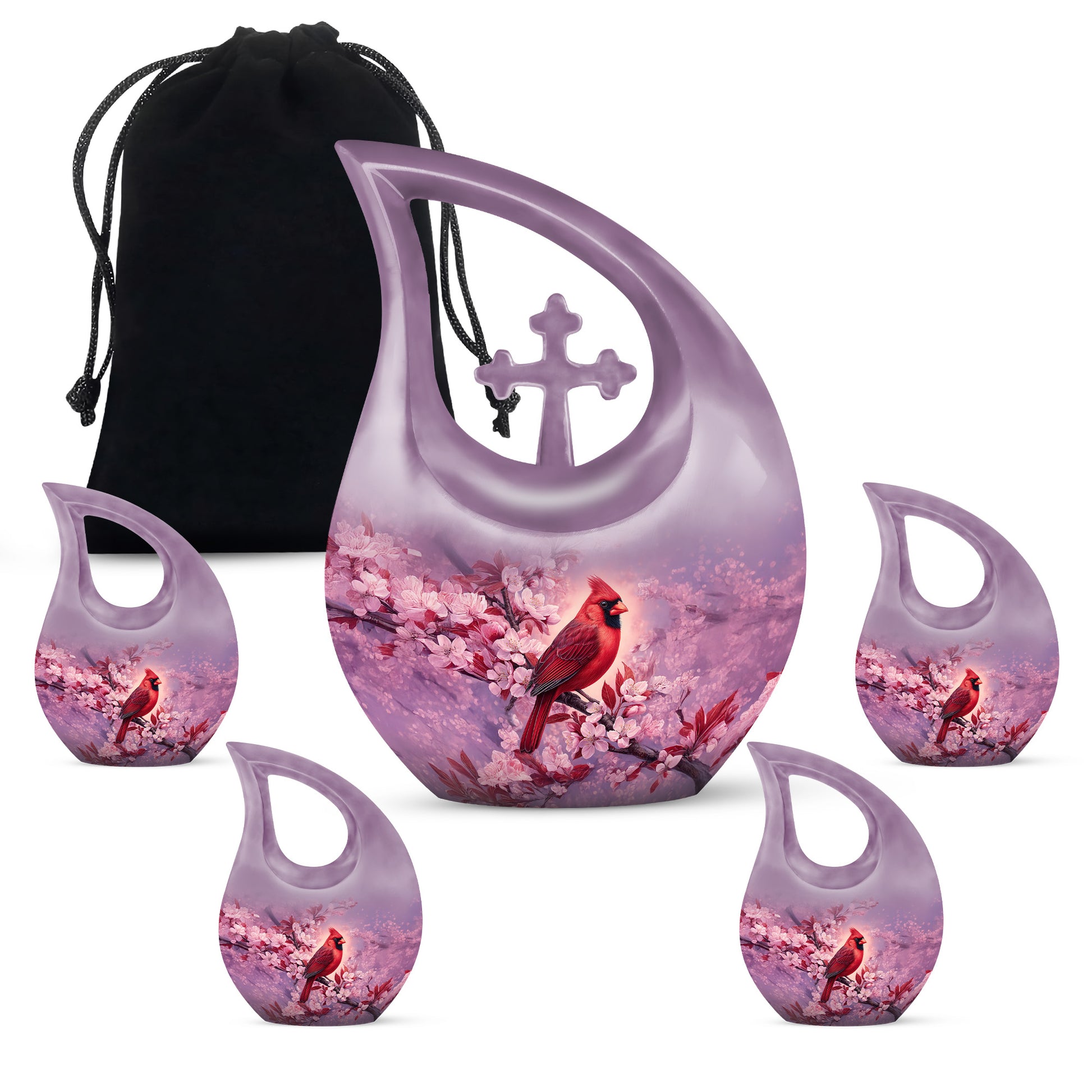 Blush Pink Cardinal Cremation Urn urn with complimentary velvet bag - cross and cardinal combined in spiritual memorial design - memorial set with one large and four small urns