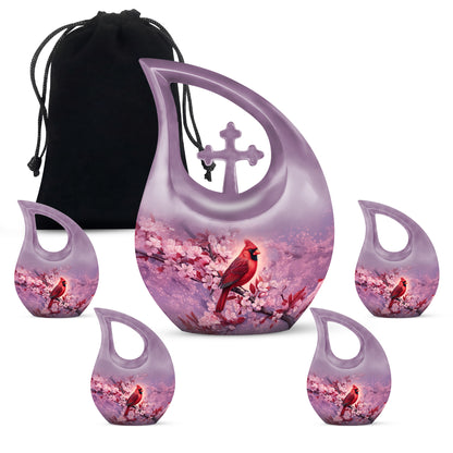 Blush Pink Cardinal Cremation Urn urn with complimentary velvet bag - cross and cardinal combined in spiritual memorial design - memorial set with one large and four small urns