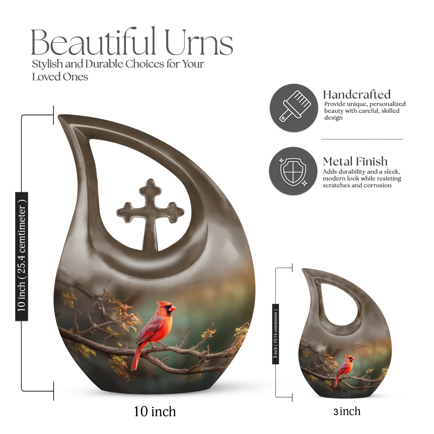 Jade Green Cardinal Cremation Urn back view with polished surface - cross and cardinal combined in spiritual memorial design - mini keepsake memorial for portion of cremation ashes