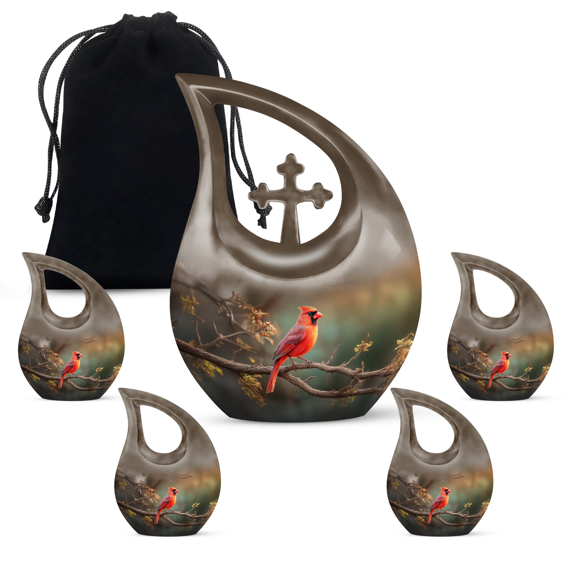 Jade Green Cardinal Cremation Urn urn with complimentary velvet bag - sacred cross merged with cardinal motif on metal - memorial set with one large and four small urns