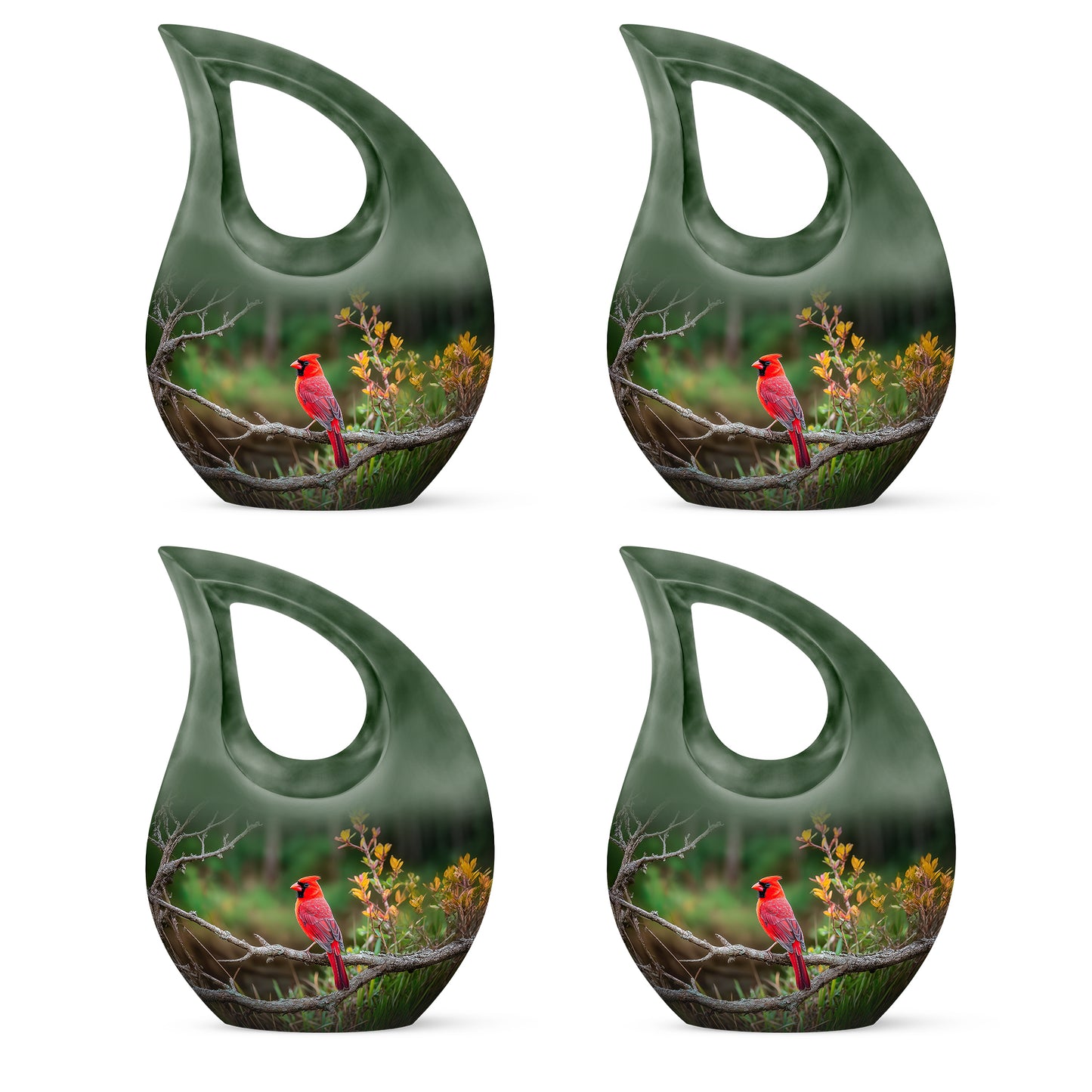Moss Green Cardinal Cremation Urn lifestyle display on memorial shelf - cross and cardinal combined in spiritual memorial design - 10 inch aluminum urn for cremated remains